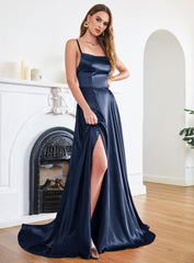 Gorgeous Split Front A-Line Square Neck Spaghetti Straps Satin Prom Dresses with Open Back