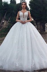Gorgeous Straps Beading Ball Gown Wedding Dresses | Tulle Appliques Sleeveless Bridal Gown