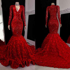 Gorgeous V-neck Lace Prom Dress With Long Sleeves Long Red Mermaid