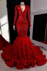Gorgeous V-neck Lace Prom Dress With Long Sleeves Long Red Mermaid