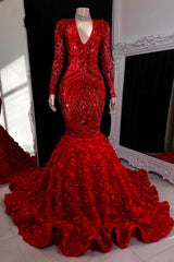 Gorgeous V-neck Lace Prom Dress With Long Sleeves Long Red Mermaid