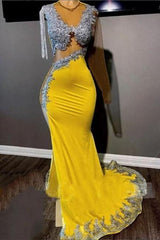 Gorgeous Yellow Tassel Long Long Sleeve Mermaid Prom Dresses With Slit