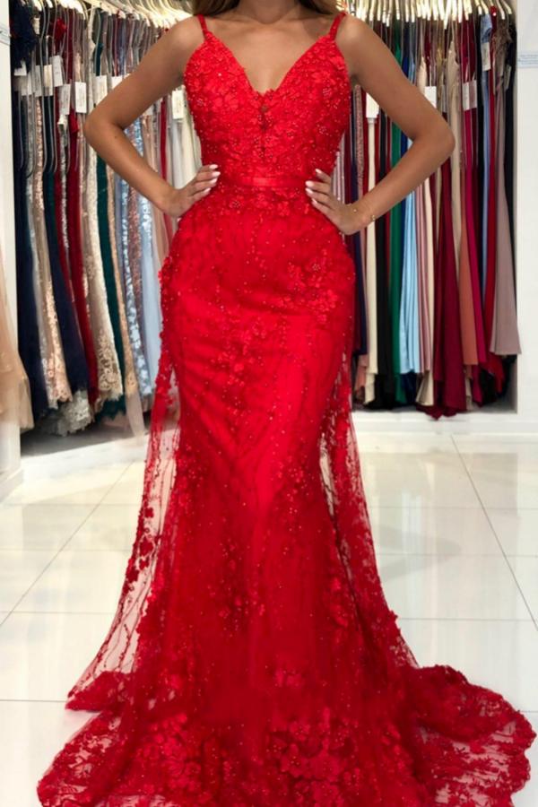 Graceful Sleeveless Tulle Ruby Beading Lace Mermaid Prom Dresses