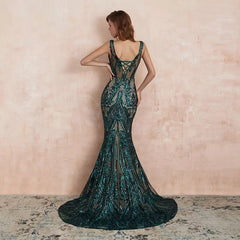 Graceful Sleeveless V Neck Jade Green Appliques Prom Dresses Mermaid Evening Dresses