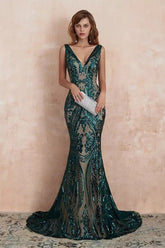 Graceful Sleeveless V Neck Jade Green Appliques Prom Dresses Mermaid Evening Dresses