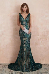 Graceful Sleeveless V Neck Jade Green Appliques Prom Dresses Mermaid Evening Dresses