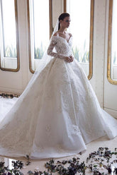 Graceful V Neck White Satin Long Sleeves Wedding Dresses With Lace Appliques