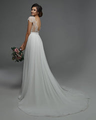 Graceful White Chiffon Ruffles V Neck A-Line Beach Wedding Dresses With Lace