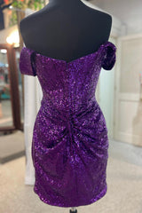 Grape Detachable Off the Shoulder Sequin Tight Prom Dress