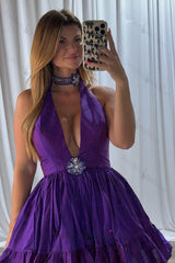 Grape Halter Ruffled Homecoming Dresses Short Cocktail Dresses With Rhinestone