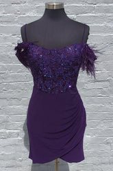 Grape Sequin Spaghetti Straps Short Cocktail Dresses With Feathers