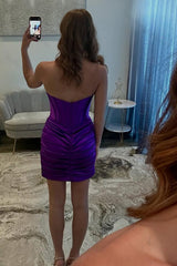 Grape Sweetheart Tight Homecoming Dresses Ruched Short Corset Cocktail Dresses