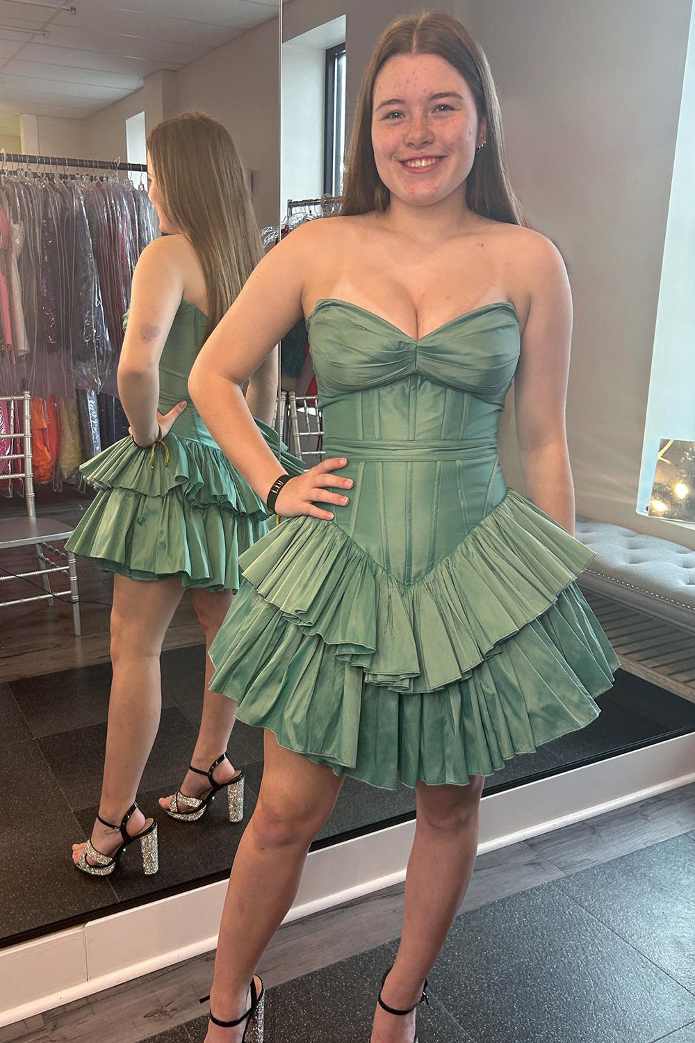 Green Homecoming Dresses Corset Tiered Sweetheart A Line Short Cocktail Dresses