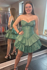 Green Homecoming Dresses Corset Tiered Sweetheart A Line Short Cocktail Dresses