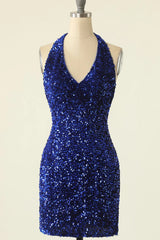 Green Homecoming Dresses Halter Sequin Backless Tight Short Cocktail Dresses