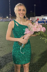 Green Homecoming Dresses One Shoulder Sequin Prom Dress