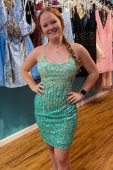 Green Homecoming Dresses Sequin Lace-Up Back Tight Prom Dress