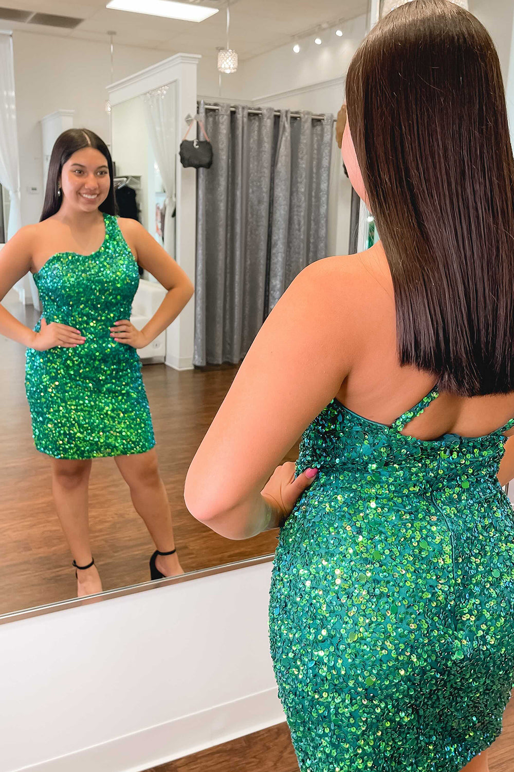 Green Homecoming Dresses Sequin One Shoulder Tight Short Cocktail Dresses