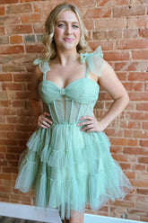 Green Homecoming Dresses Spaghetti Straps Corset A-Line Short Cocktail Dresses