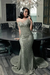 Green Mermaid Prom Dress Sleeveless Formal Evening Dress with Beadings and Rhinestones
