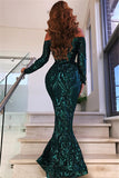 Green Off Shoulder Evening Dresses with Sleeves | Sexy Mermaid Sequins Prom Dresses BC0703