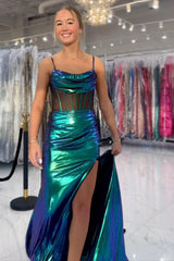 Green Prom Dress Corset Metallic Long Formal Dress With Slit
