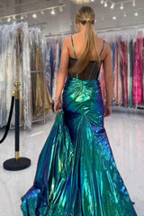 Green Prom Dress Corset Metallic Long Formal Dress With Slit