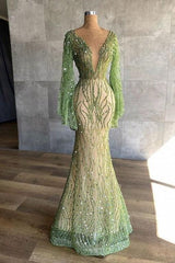 Green Prom Dress Mermaid Beaded Evening Formal Dress Long Sleeves With Sequins