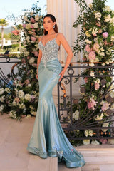 Green Prom Dress Mermaid Spaghetti Straps Lace Satin Formal Dress