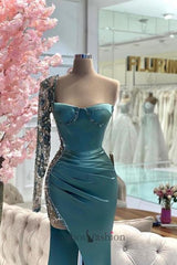 Green Prom Dress Mermaid Strapless One Shoulder Beaded Satin Slit Formal Dress