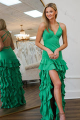 Green Prom Dress Ruffled Backless Long Formal Dress With Slit