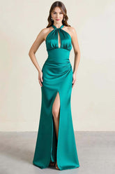 Green Prom Dress Satin Halter Long Backless Sheath Formal Dress With Slit