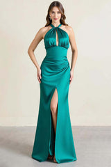 Green Prom Dress Satin Halter Long Backless Sheath Formal Dress With Slit