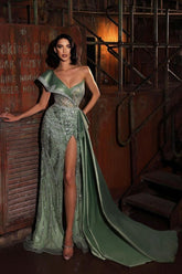 Green Prom Dress Sequined Evening Formal Dress One Shoulder With Sleeveless Trail High Slit