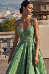 Green Prom Dress Spaghetti Strap Sweetheart Sleeveless Evening Formal Dress With Bead Embroidery