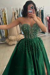Green Prom Dress Sweetheart Beaded A Line Satin Slit Formal Dress