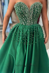 Green Prom Dress Sweetheart Beaded A Line Satin Slit Formal Dress