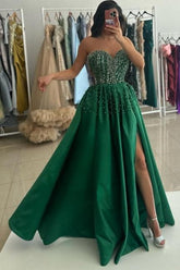 Green Prom Dress Sweetheart Beaded A Line Satin Slit Formal Dress