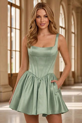 Green Satin A-Line Square Neck Sleeveless Short Homecoming Dress