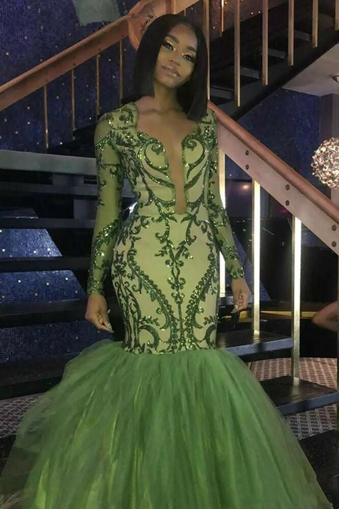 Green Sequins Prom Dresses | Sexy Mermaid Long-Sleeves Evening Gowns
