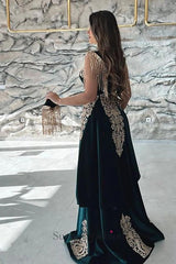 Green Velvet Christmas Dress V Neck Lace Appliques Formal Dress With Detachable Train