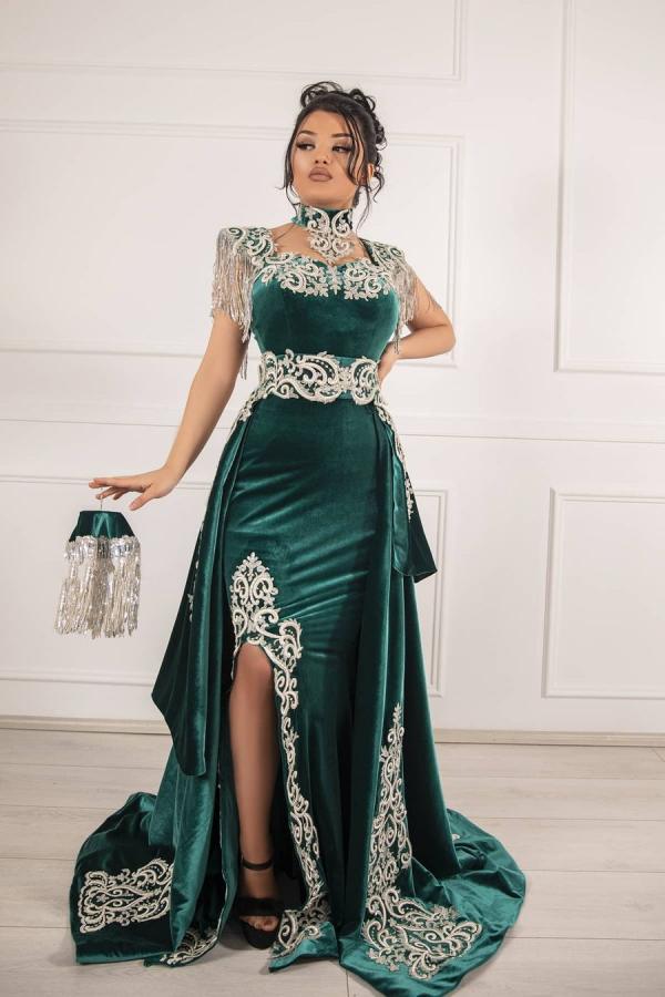 Green Velvet Christmas Party Dress Lace Appliques Slit Formal Dress With Detachable Train