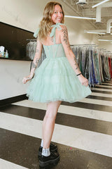 Grey Blue Ruffled A Line Homecoming Dresses Tiered Short Corset Cocktail Dresses
