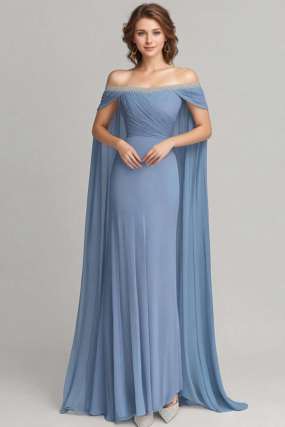 Suzhoufashion Grey Blue Wedding Guest Dress Chiffon Off The Shoulder Formal Dress With Cape Suzhoufashion Grey Blue Wedding Guest Dress Chiffon Off The Shoulder Formal Dress With Cape