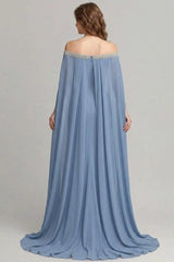 Grey Blue Wedding Guest Dress Chiffon Off The Shoulder Formal Dress With Cape