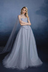 Grey Corset Dress A Line Sweetheart Tulle Prom Dress with Beadings and Rhinestones