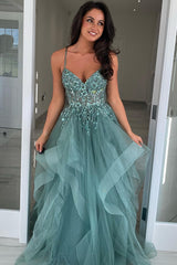 Grey Green Prom Dress Floral Ruffled A-Line Spaghetti Straps Long Formal Dress