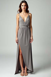 Grey Spaghetti Straps Sheath Long Formal Dress With Slit