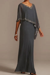 Grey V Neck Mother of the Bride Dress Chiffon Batwing Sleeve Wedding Guest Dress