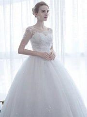 Half Sleeves Tulle White Lace Ruffles Ball Gown Wedding Dresses